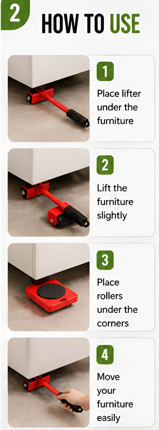 Heavy Duty Furniture Lifter & Mover Tool Set | 5-Piece Moving Roller Kit for Sofa, Fridge, Bed & Washing Machine | 360° Rotating Wheels | Floor-Safe