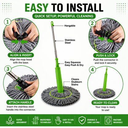 Microfiber Mop Cleaner 360° Rotating Spin Mop with Stainless Steel Handle for Wet & Dry Floor Cleaning | Easy Squeeze Magic Mop for Home & Office (Pack of 1)