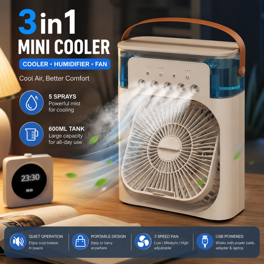 3 in 1 Mini Air Cooler Fan with Humidifier & LED Light | Portable USB Air Cooler | 5 Spray Mist Cooling Fan for Home, Office & Bedroom
