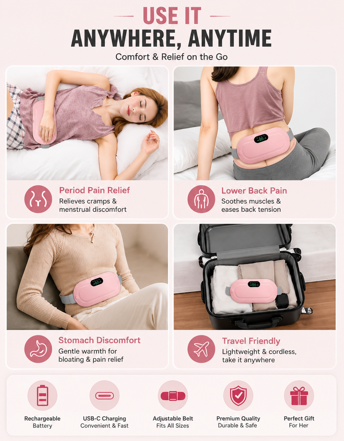 Cordless Period Cramp Relief Heating Pad & Massager for Women | Portable Menstrual Pain Relief Belt