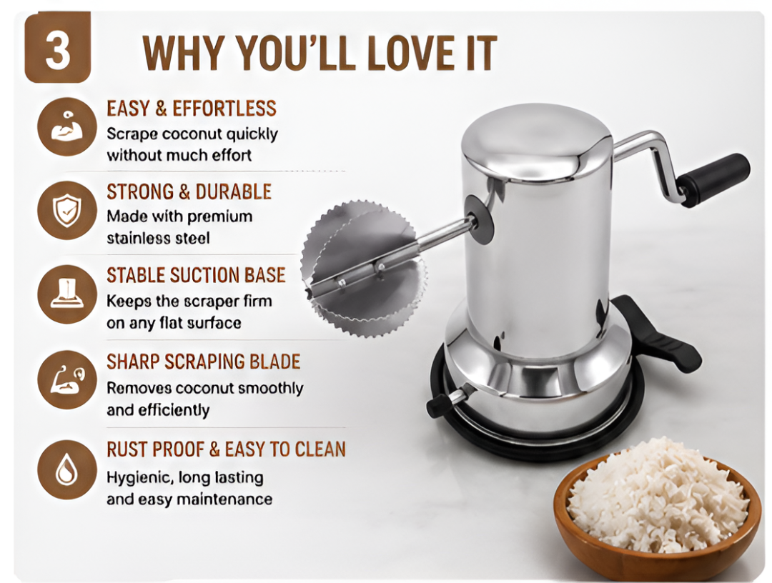 AMBAR Stainless Steel Coconut Scraper – Manual Coconut Grater With Vacuum Base