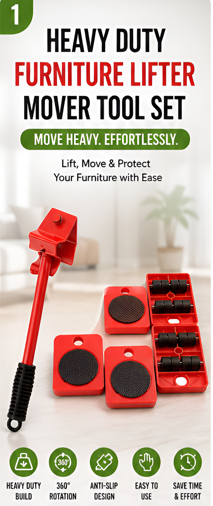 Heavy Duty Furniture Lifter & Mover Tool Set | 5-Piece Moving Roller Kit for Sofa, Fridge, Bed & Washing Machine | 360° Rotating Wheels | Floor-Safe