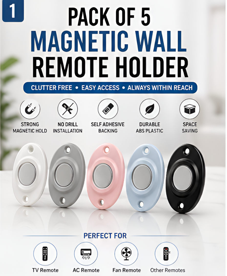 Pack of 5 Magnetic Wall Mounted Remote Holder – No Drill Self Adhesive Remote Organizer