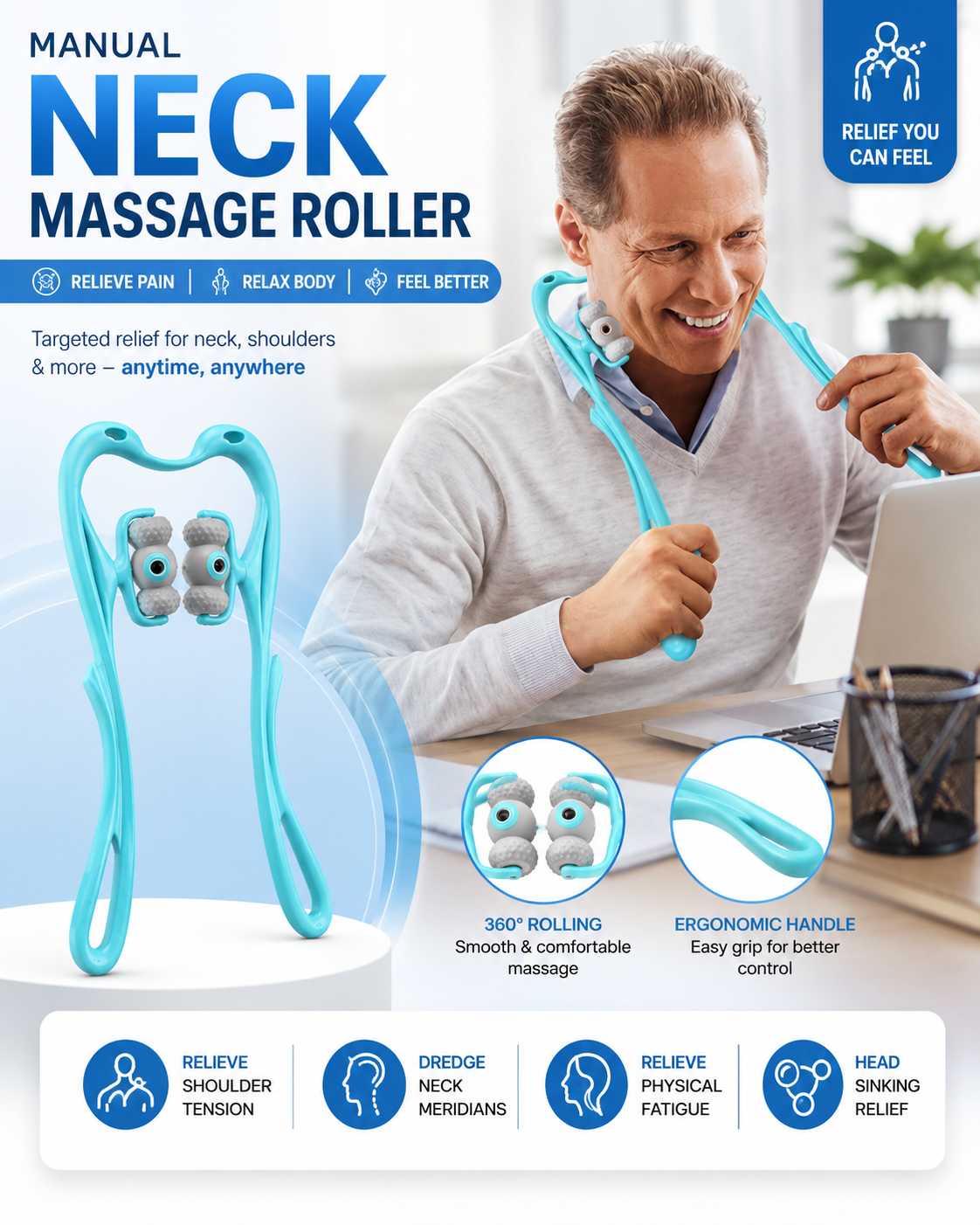 Manual Neck Massager Roller for Pain Relief, 360° Six-Wheel Pressure Point Neck & Shoulder Massage Tool for Men & Women