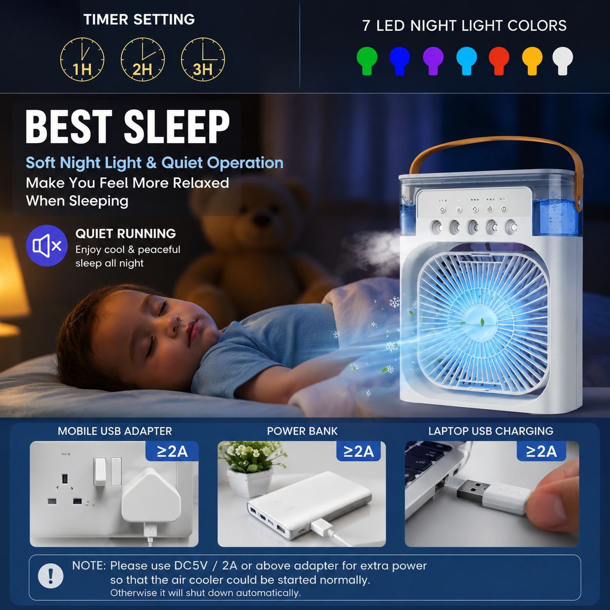 3 in 1 Mini Air Cooler Fan with Humidifier & LED Light | Portable USB Air Cooler | 5 Spray Mist Cooling Fan for Home, Office & Bedroom