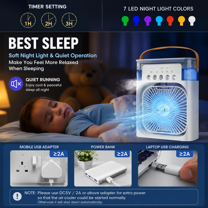 3 in 1 Mini Air Cooler Fan with Humidifier & LED Light | Portable USB Air Cooler | 5 Spray Mist Cooling Fan for Home, Office & Bedroom