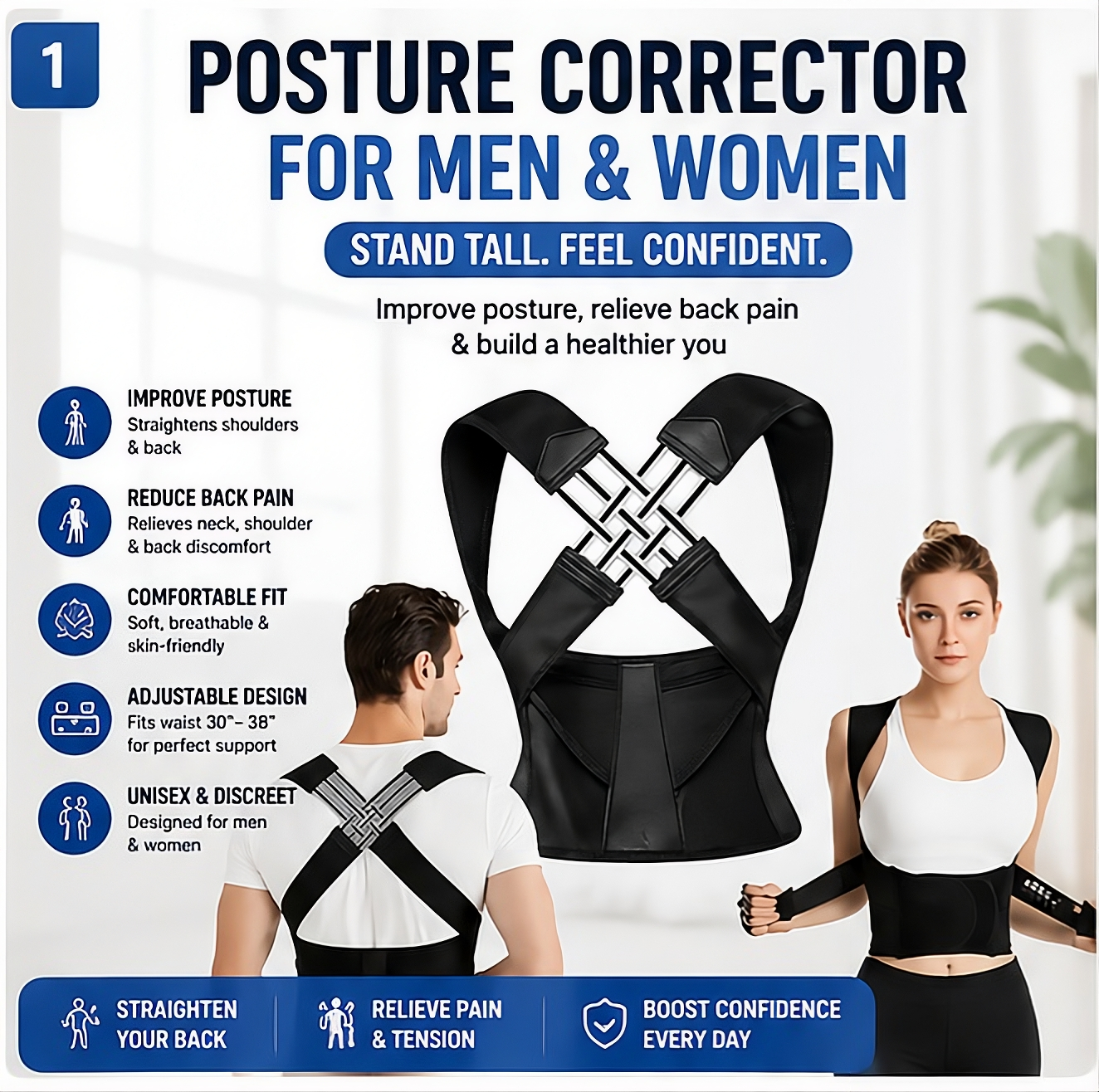 Posture Corrector Belt for Men & Women – Back Support & Shoulder Straightener Brace