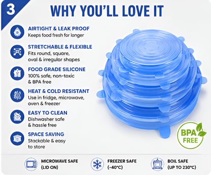 Reusable Silicone Stretch Lids Set of 6 | Airtight Food & Bowl Covers for Kitchen Storage