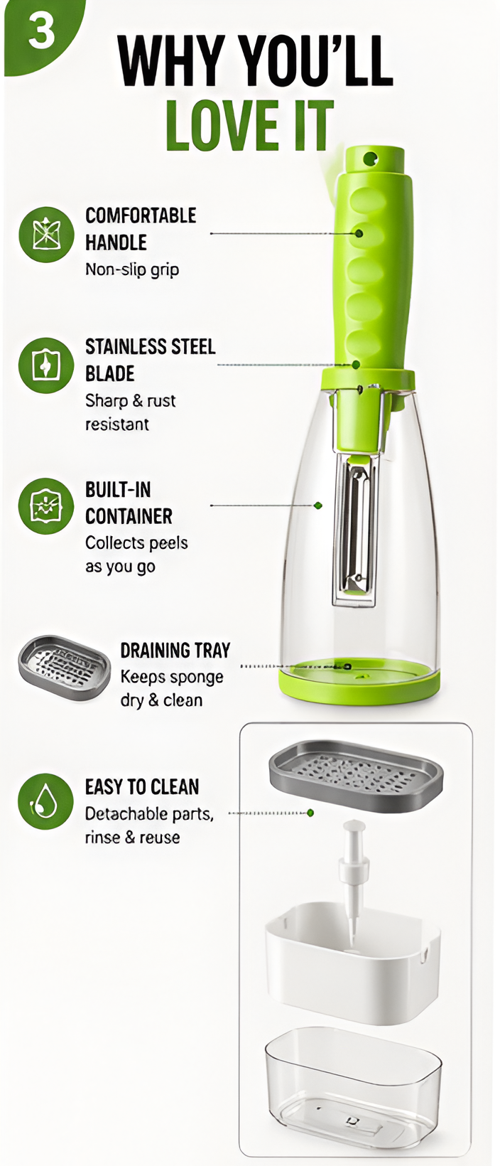 Vegetable & Fruit Peeler with Built-In Storage Container | Stainless Steel Blade | No-Mess Kitchen Peeler for Potato, Carrot, Apple & More