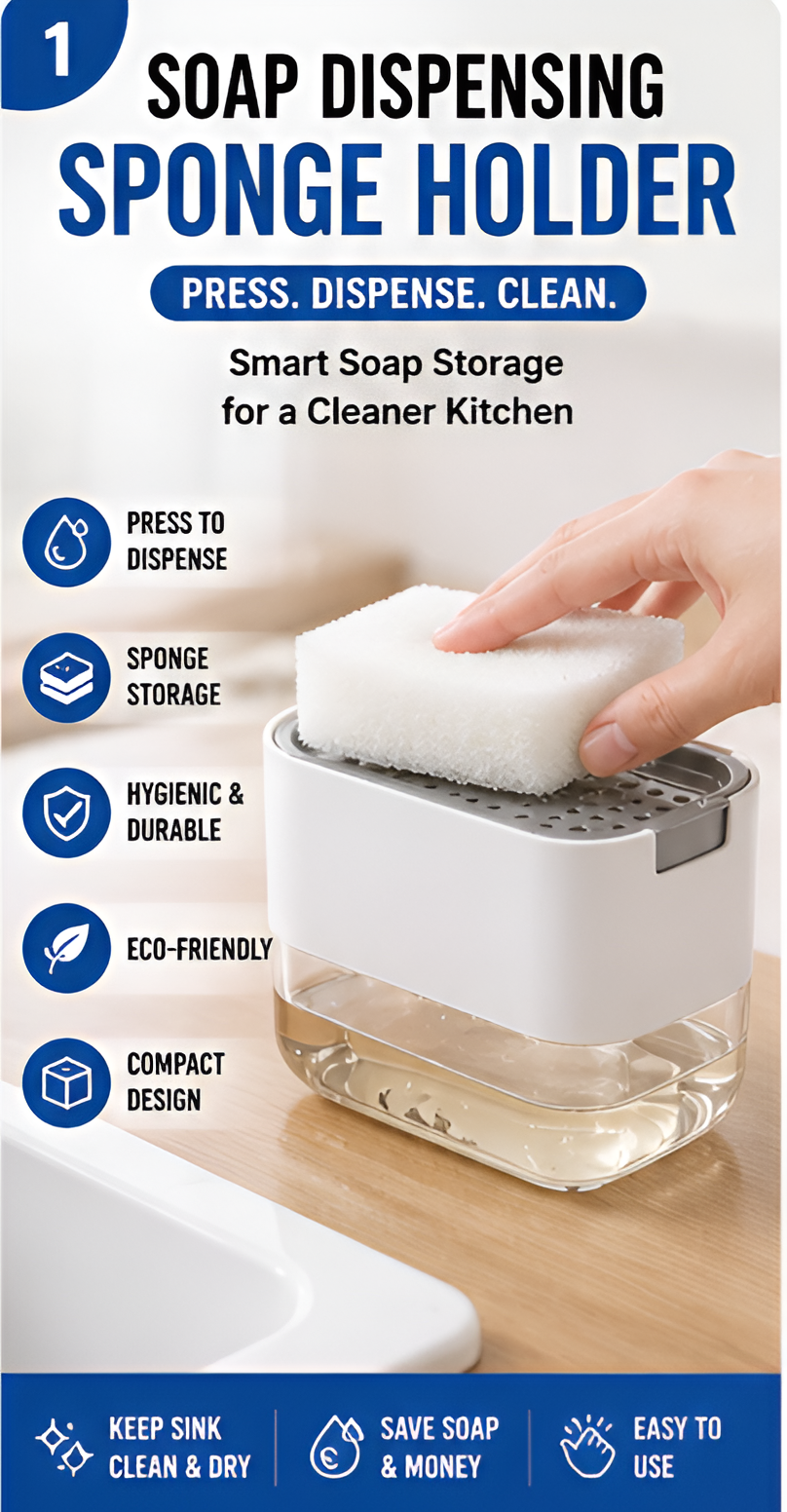 2-in-1 Soap Dispensing Sponge Holder for Kitchen Sink | 400ml Press & Dispense Dishwashing Liquid Organizer