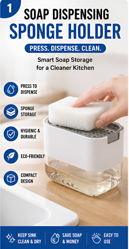 2-in-1 Soap Dispensing Sponge Holder for Kitchen Sink | 400ml Press & Dispense Dishwashing Liquid Organizer
