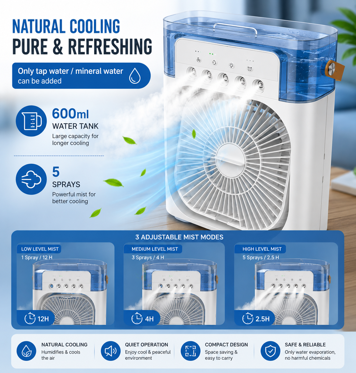 3 in 1 Mini Air Cooler Fan with Humidifier & LED Light | Portable USB Air Cooler | 5 Spray Mist Cooling Fan for Home, Office & Bedroom