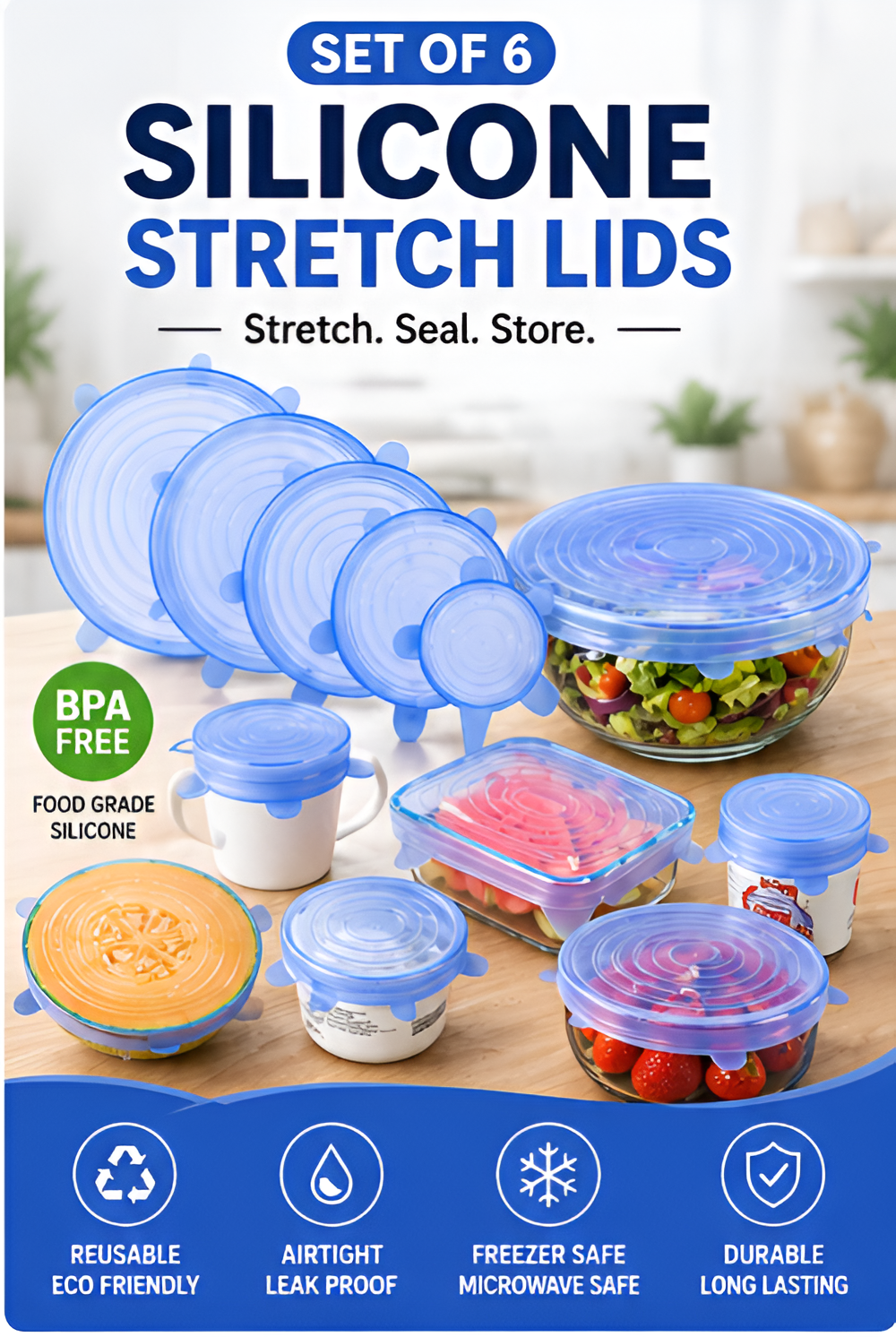Reusable Silicone Stretch Lids Set of 6 | Airtight Food & Bowl Covers for Kitchen Storage