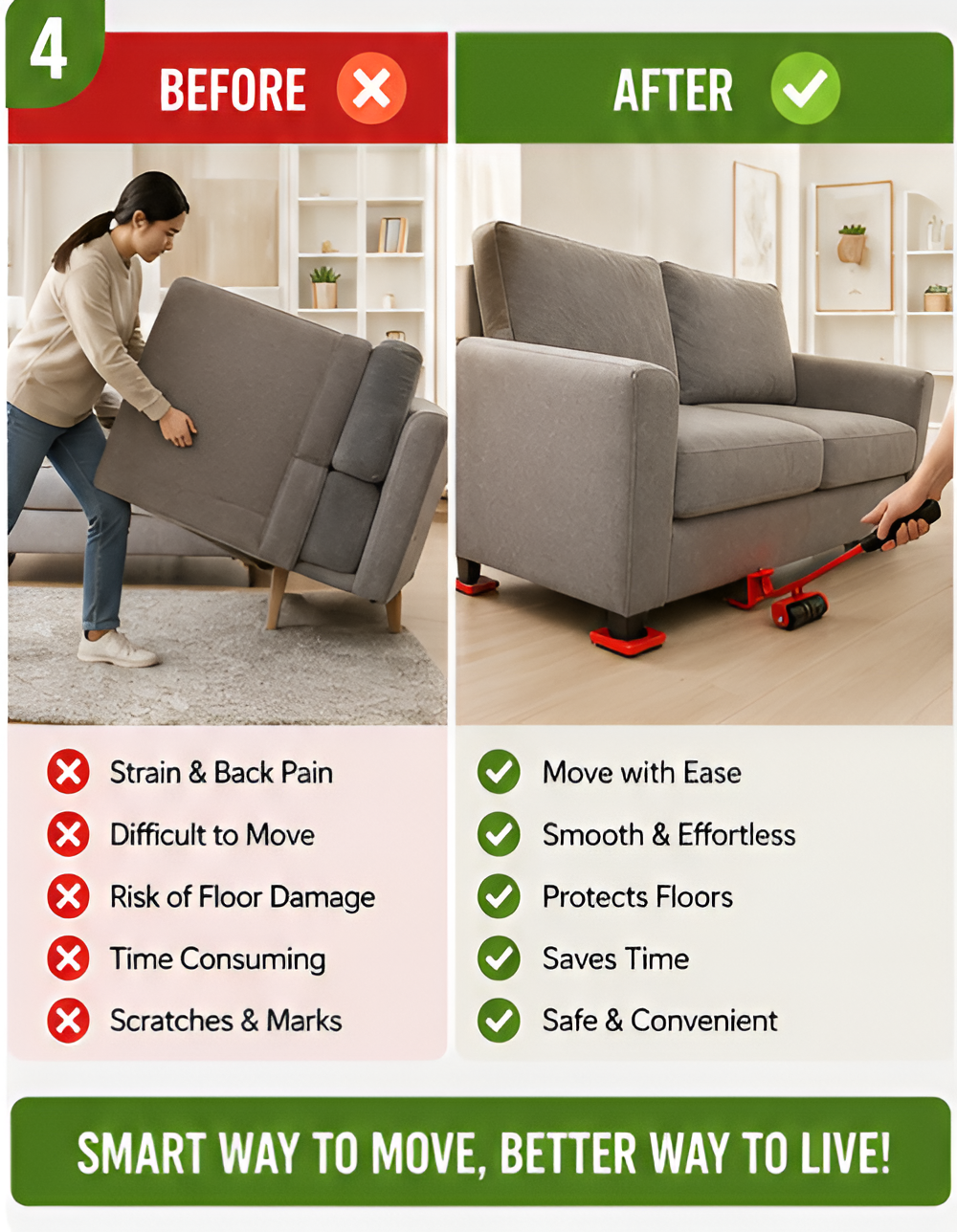 Heavy Duty Furniture Lifter & Mover Tool Set | 5-Piece Moving Roller Kit for Sofa, Fridge, Bed & Washing Machine | 360° Rotating Wheels | Floor-Safe