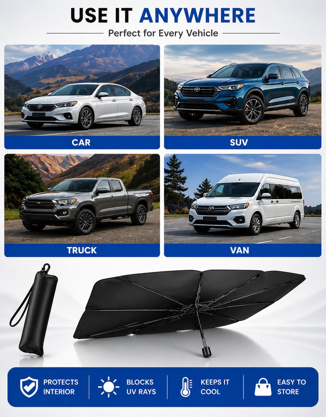 Delizpar Foldable Car Windshield Sun Shade Umbrella | UV Protection Heat Block Front Window Cover