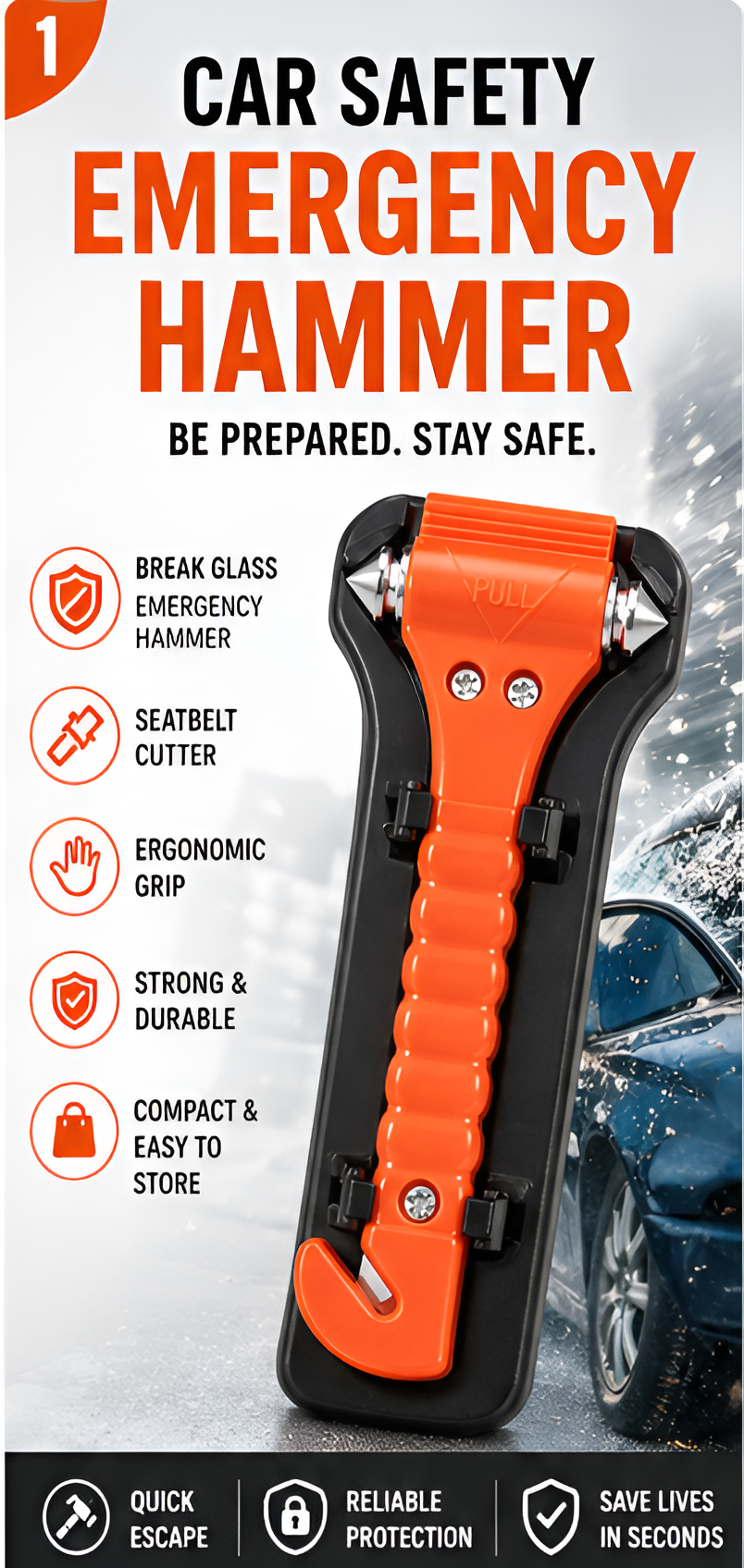 Emergency Car Safety Hammer | Window Glass Breaker & Seat Belt Cutter Escape Tool