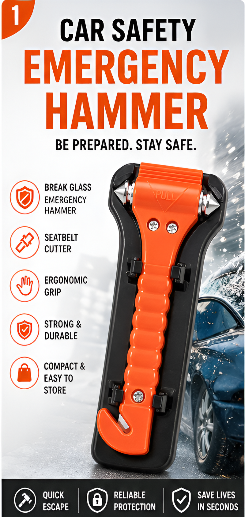 Emergency Car Safety Hammer | Window Glass Breaker & Seat Belt Cutter Escape Tool