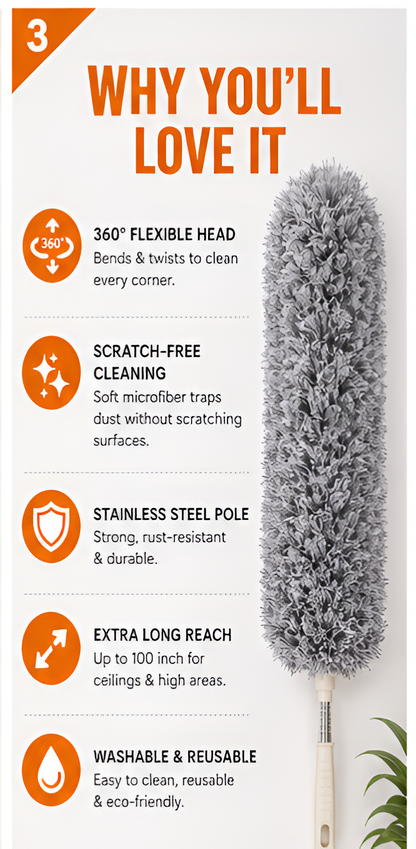 360° Flexible Microfiber Ceiling Duster with Extendable Pole | Washable Long Reach Cleaning Duster (Pack of 2)