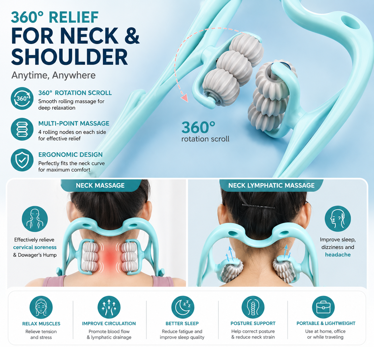 Manual Neck Massager Roller for Pain Relief, 360° Six-Wheel Pressure Point Neck & Shoulder Massage Tool for Men & Women
