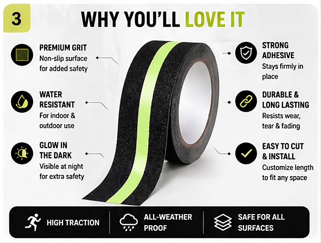 Anti-Slip Glow Safety Grip Tape – Waterproof Radium Adhesive Tape for Stairs, Floors & Walkways