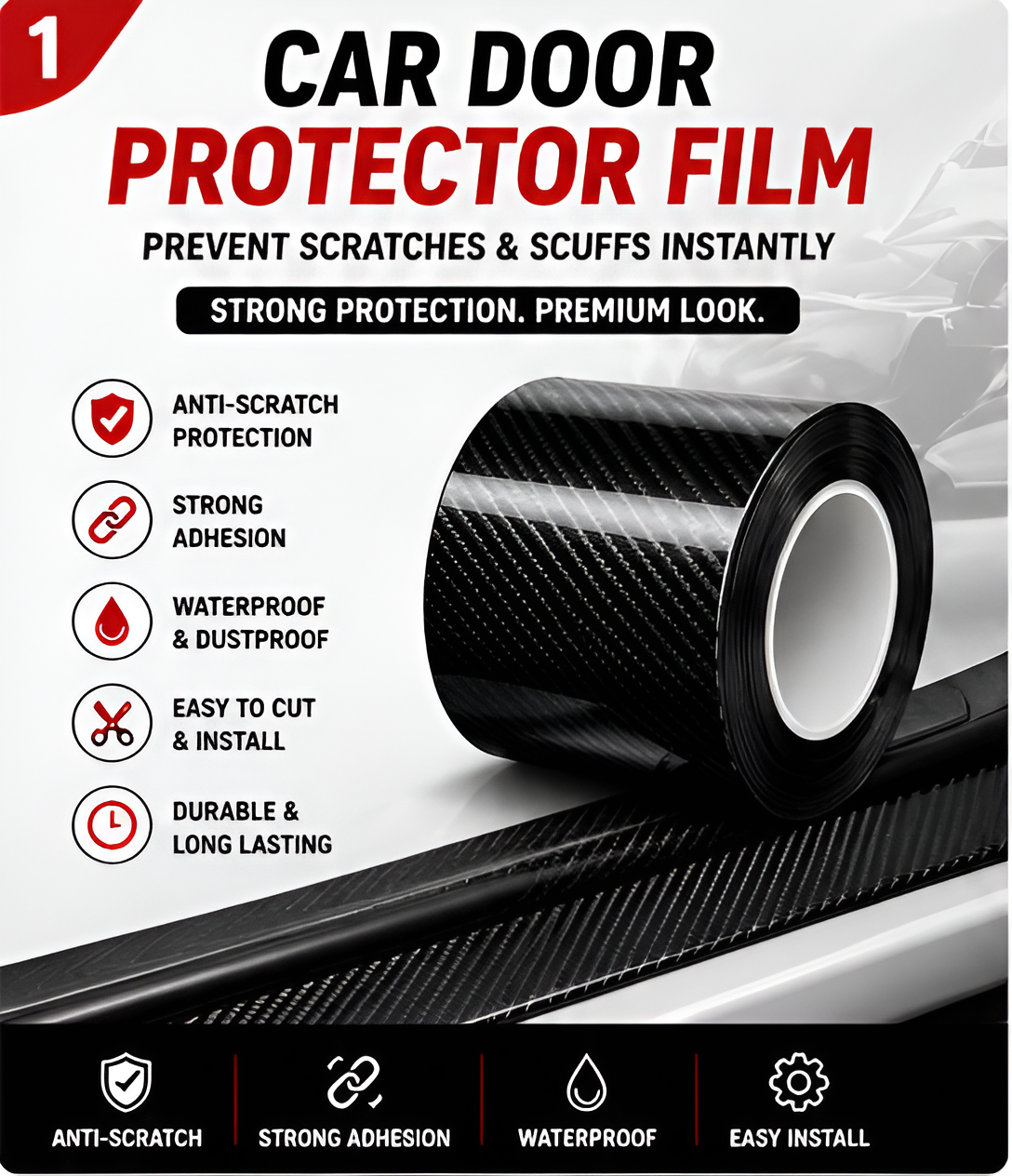 Carbon Fiber Car Door Protector Film Tape | Anti Scratch Waterproof Door Sill Guard Strip | High Gloss Black PPF Protection Roll 2 Inch x 5 Meter