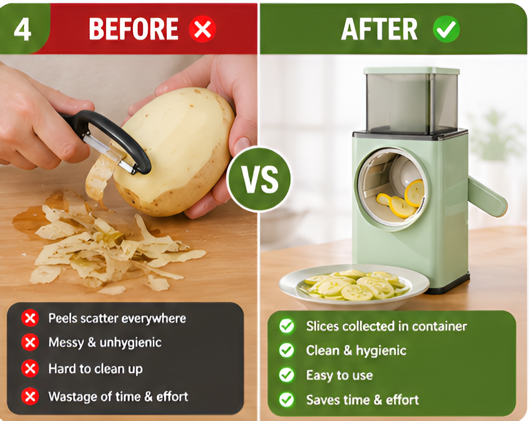 4-in-1 Rotary Vegetable Slicer & Grater with Built-In Container | Manual Mandoline Drum Slicer for Kitchen | Salad Maker, Shredder & Cutter