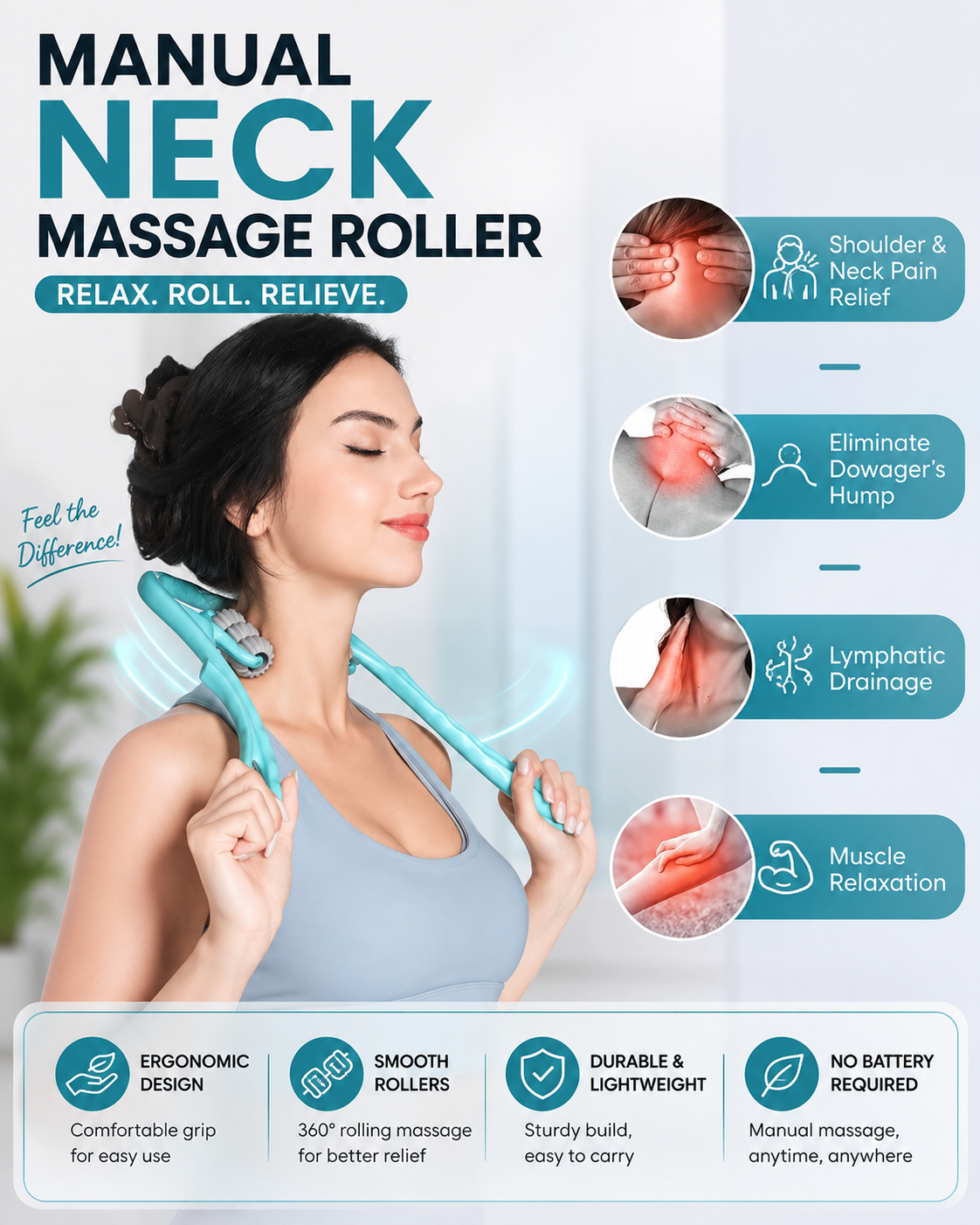 Manual Neck Massager Roller for Pain Relief, 360° Six-Wheel Pressure Point Neck & Shoulder Massage Tool for Men & Women