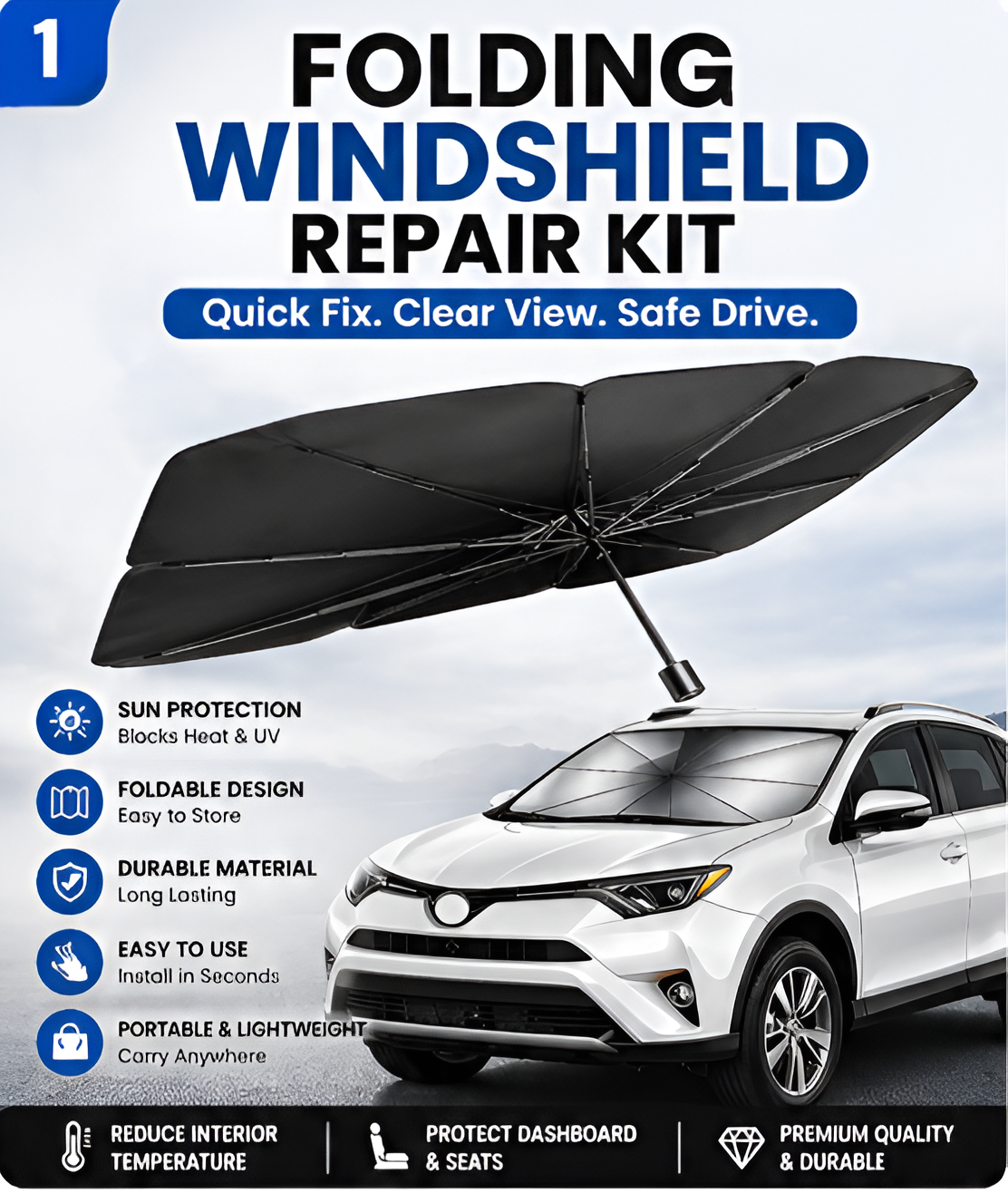 Delizpar Foldable Car Windshield Sun Shade Umbrella | UV Protection Heat Block Front Window Cover