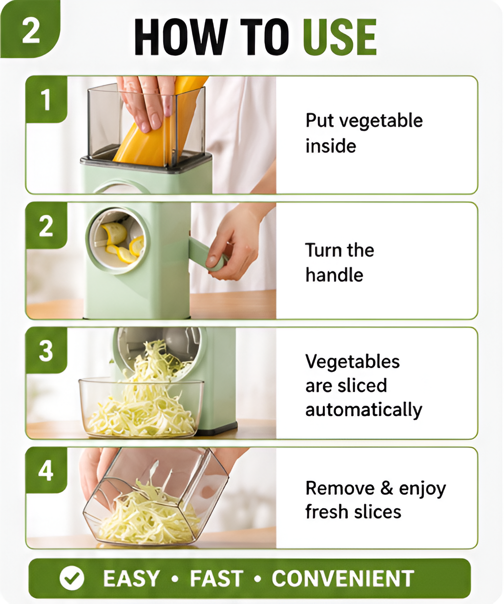 4-in-1 Rotary Vegetable Slicer & Grater with Built-In Container | Manual Mandoline Drum Slicer for Kitchen | Salad Maker, Shredder & Cutter