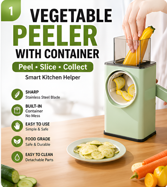 4-in-1 Rotary Vegetable Slicer & Grater with Built-In Container | Manual Mandoline Drum Slicer for Kitchen | Salad Maker, Shredder & Cutter