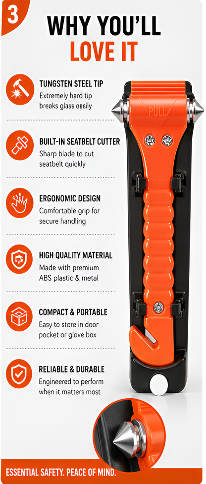 Emergency Car Safety Hammer | Window Glass Breaker & Seat Belt Cutter Escape Tool