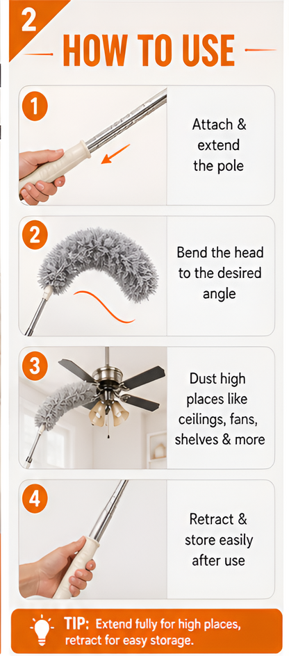 360° Flexible Microfiber Ceiling Duster with Extendable Pole | Washable Long Reach Cleaning Duster (Pack of 2)