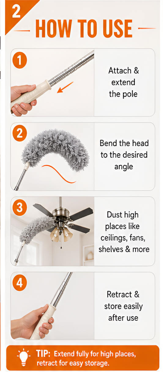 360° Flexible Microfiber Ceiling Duster with Extendable Pole | Washable Long Reach Cleaning Duster (Pack of 2)