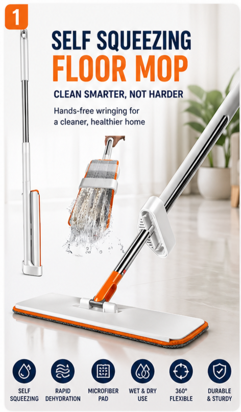Flat Microfiber Magic Mop – Hands-Free Squeeze Floor Cleaning M