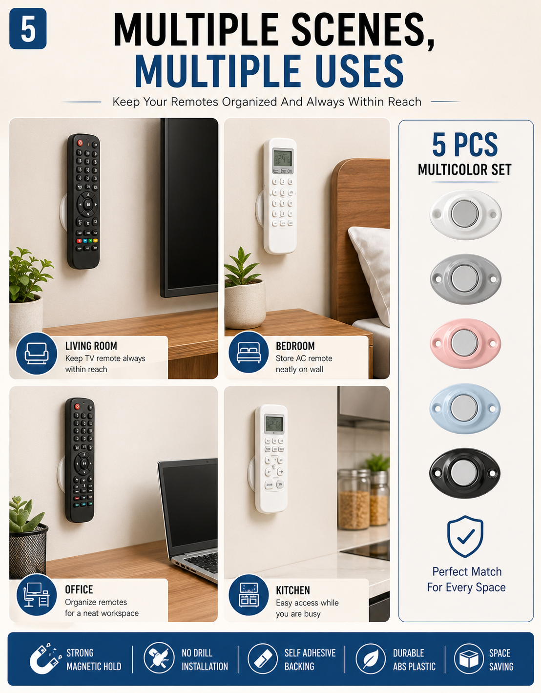 Pack of 5 Magnetic Wall Mounted Remote Holder – No Drill Self Adhesive Remote Organizer