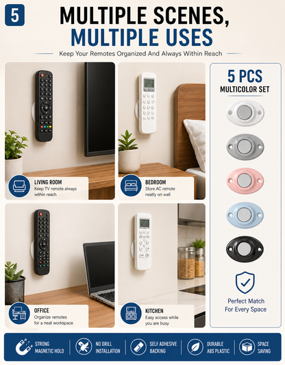 Pack of 5 Magnetic Wall Mounted Remote Holder – No Drill Self Adhesive Remote Organizer