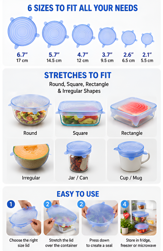 Reusable Silicone Stretch Lids Set of 6 | Airtight Food & Bowl Covers for Kitchen Storage