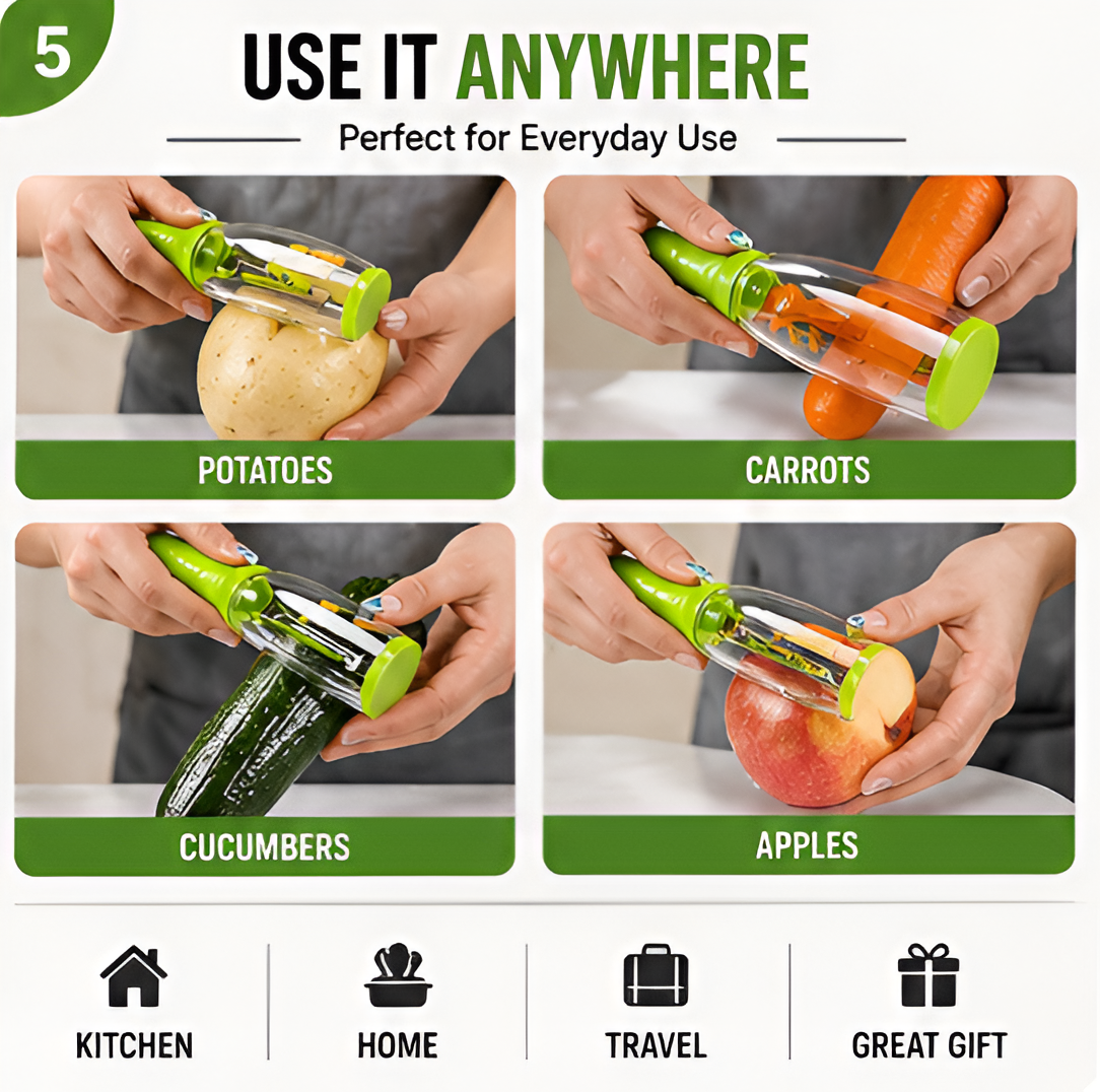 Vegetable & Fruit Peeler with Built-In Storage Container | Stainless Steel Blade | No-Mess Kitchen Peeler for Potato, Carrot, Apple & More