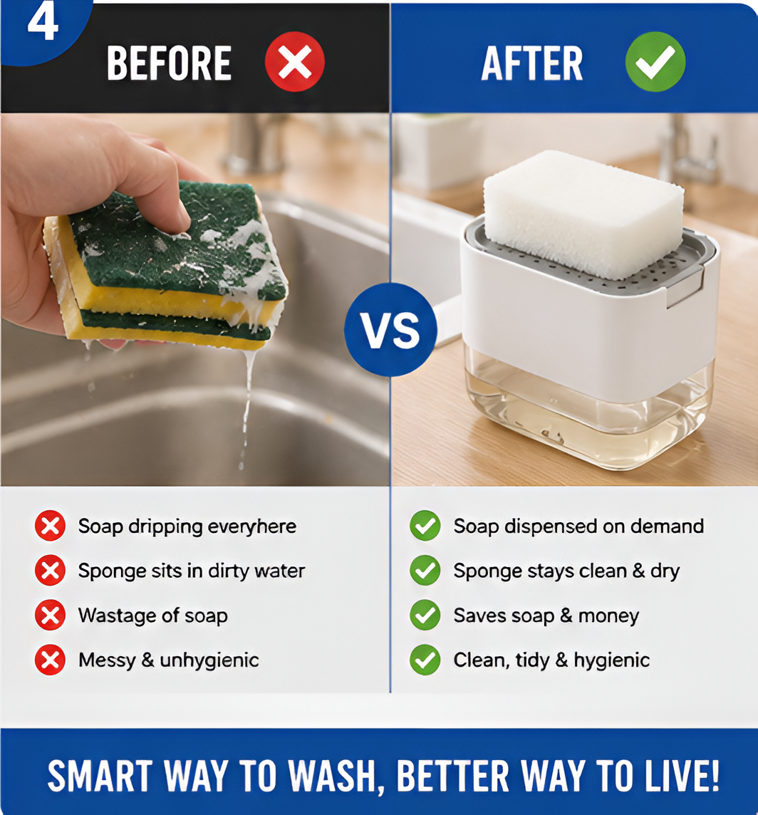 2-in-1 Soap Dispensing Sponge Holder for Kitchen Sink | 400ml Press & Dispense Dishwashing Liquid Organizer