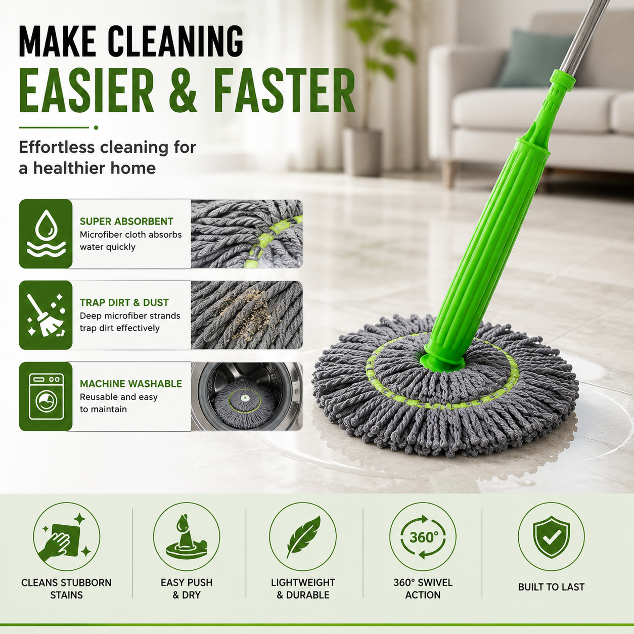 Microfiber Mop Cleaner 360° Rotating Spin Mop with Stainless Steel Handle for Wet & Dry Floor Cleaning | Easy Squeeze Magic Mop for Home & Office (Pack of 1)