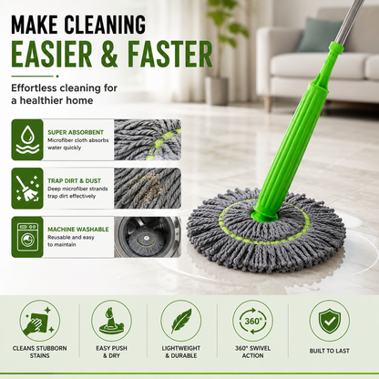 Microfiber Mop Cleaner 360° Rotating Spin Mop with Stainless Steel Handle for Wet & Dry Floor Cleaning | Easy Squeeze Magic Mop for Home & Office (Pack of 1)