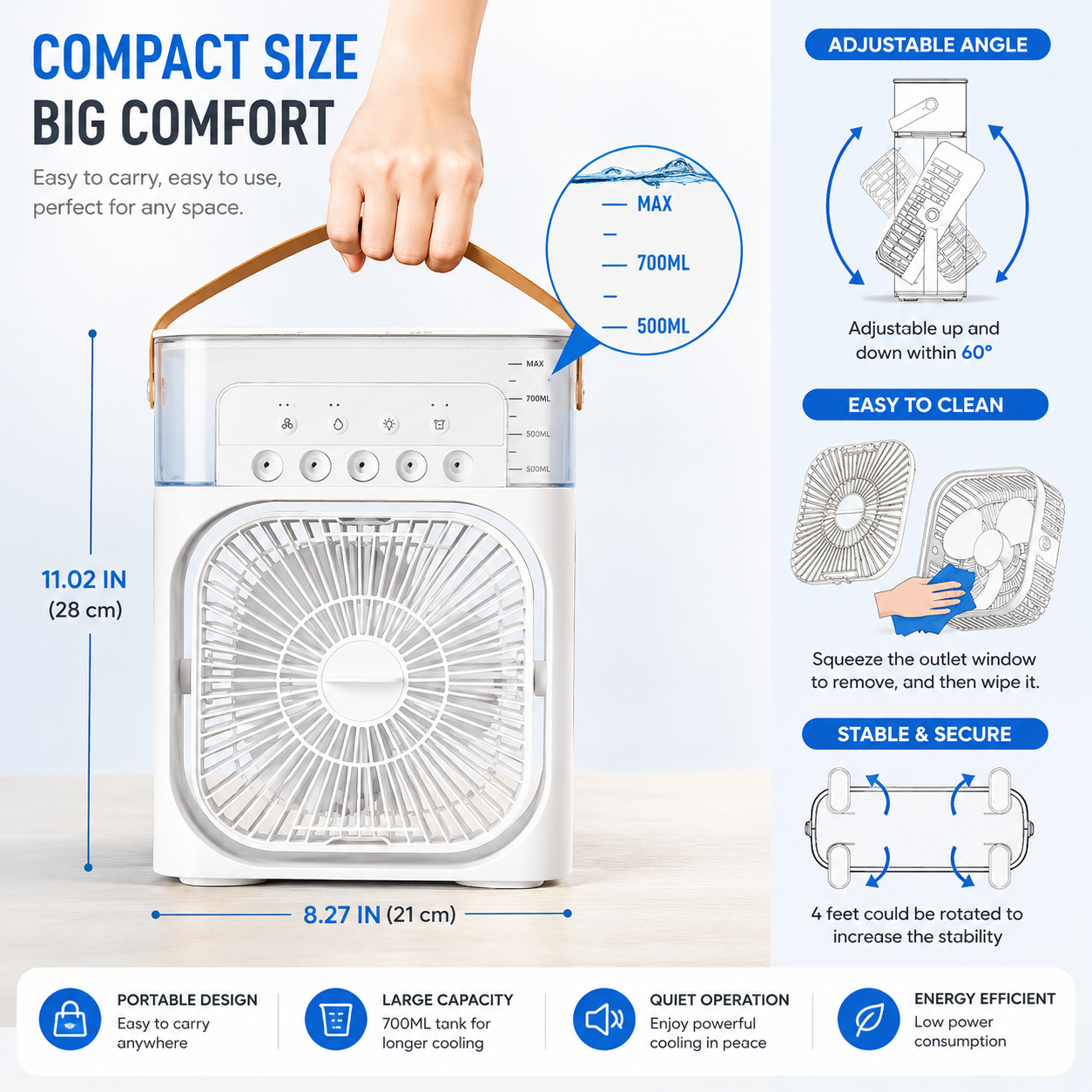 3 in 1 Mini Air Cooler Fan with Humidifier & LED Light | Portable USB Air Cooler | 5 Spray Mist Cooling Fan for Home, Office & Bedroom