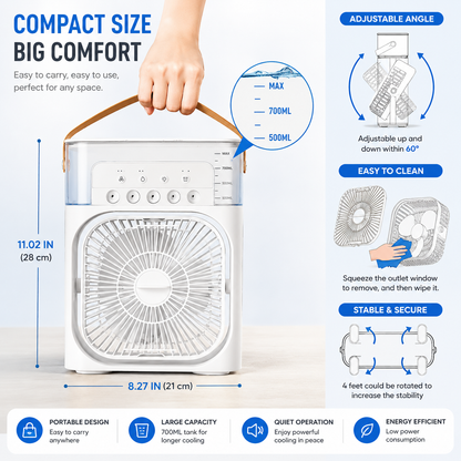 3 in 1 Mini Air Cooler Fan with Humidifier & LED Light | Portable USB Air Cooler | 5 Spray Mist Cooling Fan for Home, Office & Bedroom