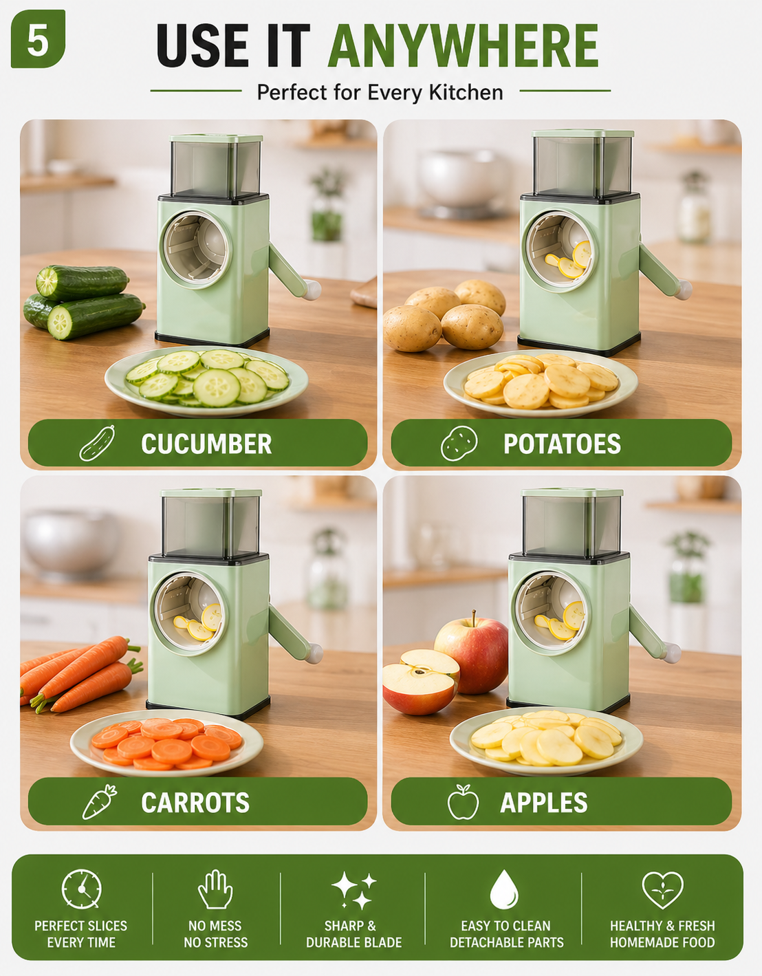 4-in-1 Rotary Vegetable Slicer & Grater with Built-In Container | Manual Mandoline Drum Slicer for Kitchen | Salad Maker, Shredder & Cutter