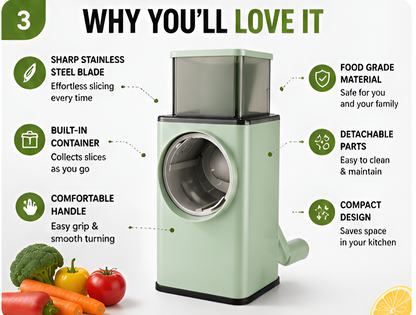 4-in-1 Rotary Vegetable Slicer & Grater with Built-In Container | Manual Mandoline Drum Slicer for Kitchen | Salad Maker, Shredder & Cutter