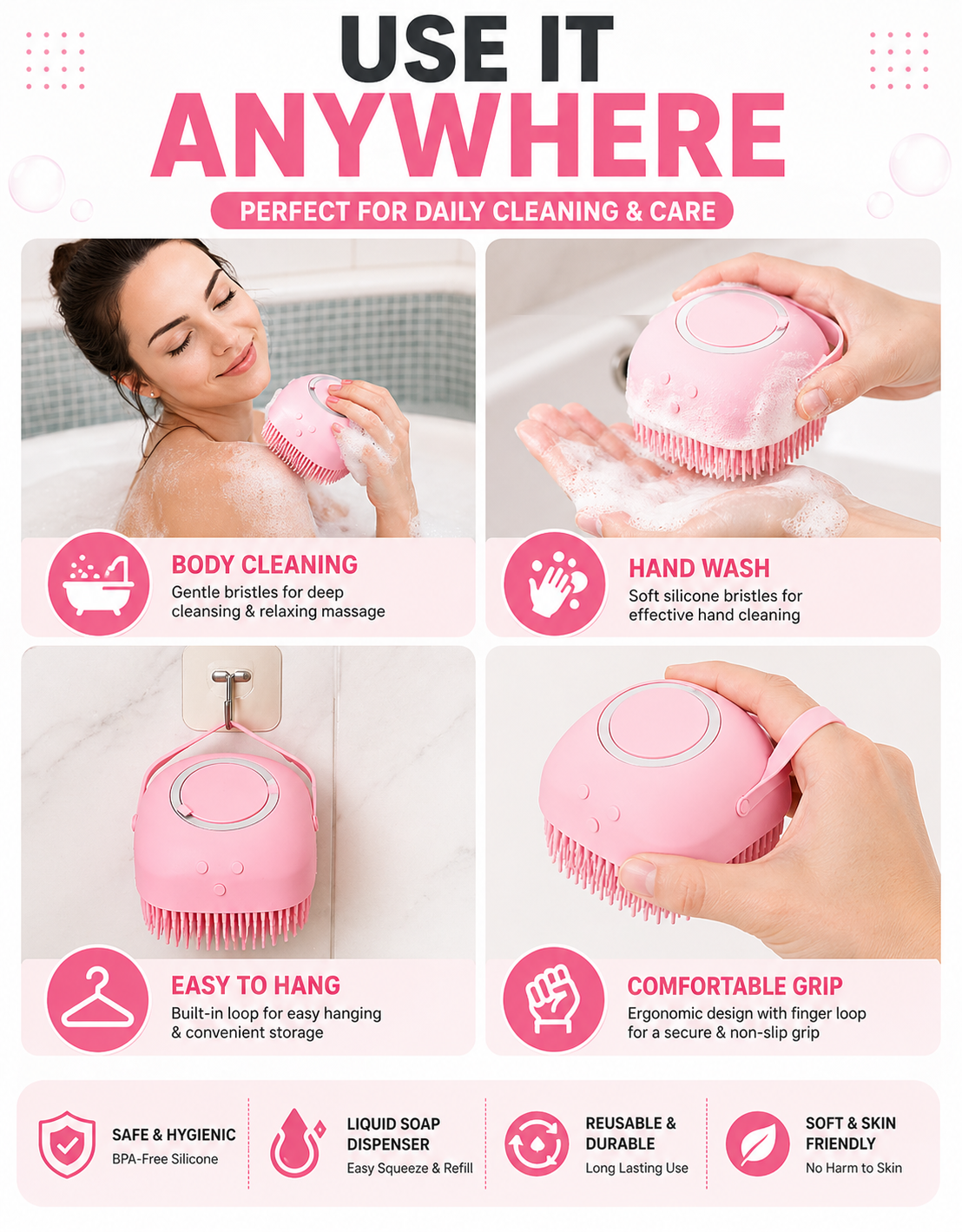 Silicone Body Scrubber with Soap Dispenser – Soft Exfoliating Bath Brush