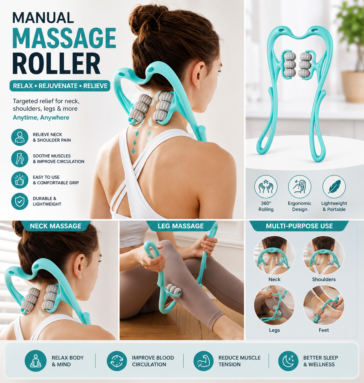 Manual Neck Massager Roller for Pain Relief, 360° Six-Wheel Pressure Point Neck & Shoulder Massage Tool for Men & Women
