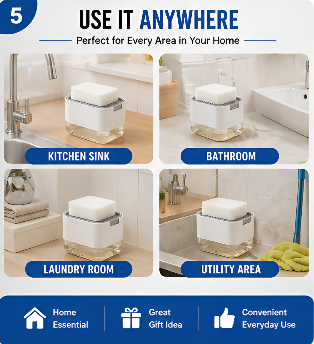 2-in-1 Soap Dispensing Sponge Holder for Kitchen Sink | 400ml Press & Dispense Dishwashing Liquid Organizer